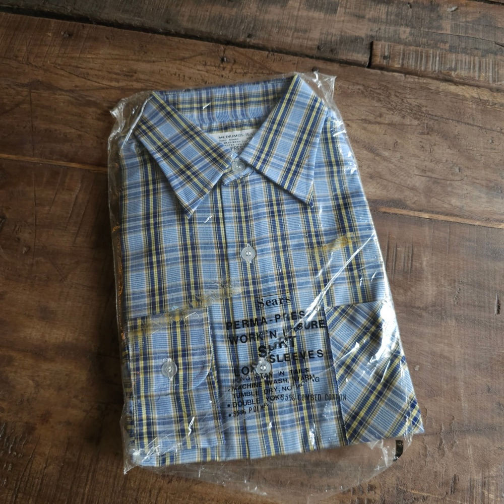 Vintage Sears Perma-Prest Work Shirt Blue Yellow Plaid Long Sleeve Medium NOS